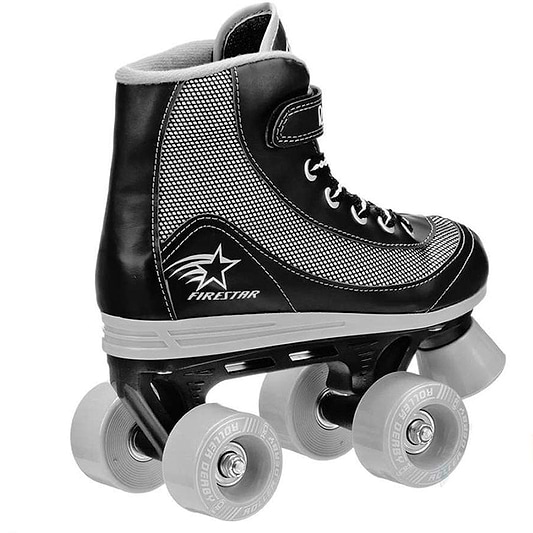 The Roller Derby Firestar V2 Quad Roller Skates in black and grey boast a four-wheel design with white stitching accents and star detailing. These skates feature a sports shoe-inspired look with black soles, laces, and light gray wheels.