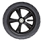 A side view of the Frenzy 230mm Pneumatic Replacement Scooter Wheel - Black reveals a sleek five-spoke alloy design, featuring branding and specifications. The black rubber tire includes a visible valve stem, embodying a modern and functional look perfect for Frenzy scooters.