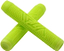 Two vibrant yellow handlebar grips, designed from thermoplastic rubber, are crossed over each other. The ultra-soft compound boasts a textured, wavy pattern and features an embossed logo, offering a secure, non-slip surface perfect for Vital Yellow Stunt Scooter Grips - 160mm.