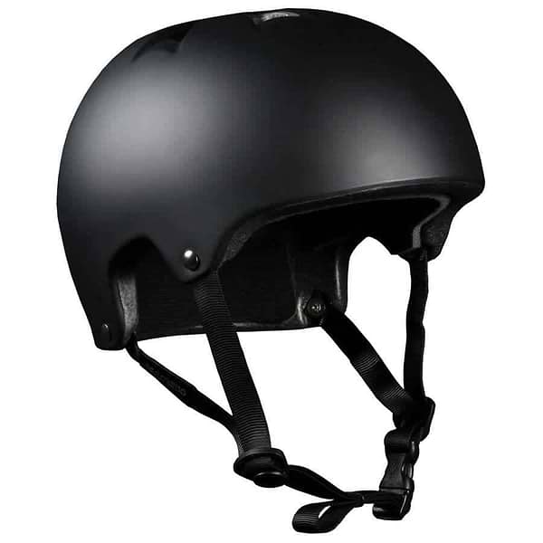 The Harsh EPS Skate / Scooter Helmet in matte black is a lightweight helmet engineered with safety as a priority. It includes an adjustable chin strap, Harsh Pro EPS padding for added protection, and boasts CPSC certification. The helmet features a sleek, rounded design integrated with ventilation holes on top to ensure optimal airflow.