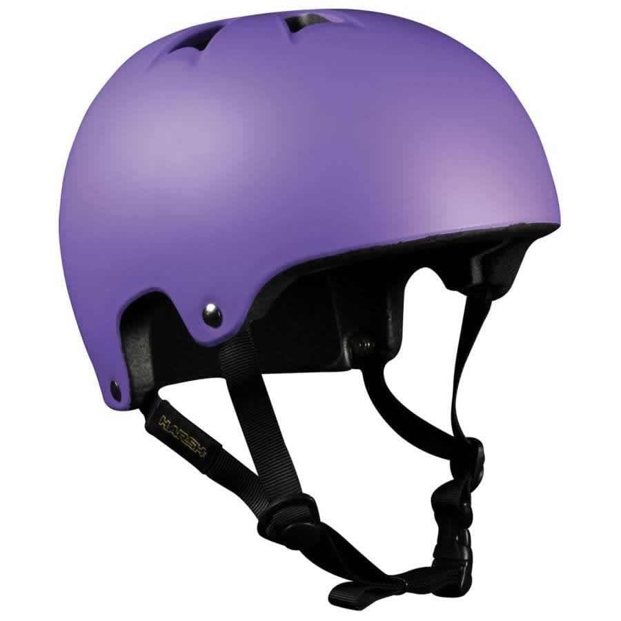 The Harsh EPS Skate / Scooter Helmet in matte purple boasts a sleek surface, complemented by black adjustable straps and a secure under-chin buckle. It features a lightweight design with multi-directional venting, incorporating several small openings on top for enhanced airflow.
