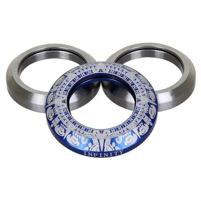 A set of precision metal infinity rings, CNC milled from aluminum, with one featuring intricate engraved designs in blue and the word "INFINITY" at the center, interlocked with two plain silver rings, inspired by the Infinity Mayan Integrated Stunt Scooter Headset - Blue.