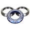 A set of precision metal infinity rings, CNC milled from aluminum, with one featuring intricate engraved designs in blue and the word "INFINITY" at the center, interlocked with two plain silver rings, inspired by the Infinity Mayan Integrated Stunt Scooter Headset - Blue.