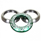 Three circular metal objects are shown. Two silver rings are positioned at the back, while an Infinity Mayan Integrated Stunt Scooter Headset in green, featuring intricate white patterns, is placed in front. This green headset resembles a CNC-milled piece and showcases decorative designs around its circumference akin to those found on a stunt scooter headset.