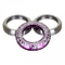 The image showcases three metal rings in a triangular layout, with two silver rings positioned at the top and a decorative purple ring at the bottom. The purple ring is made from CNC milled aluminium and features intricate designs, including an engraving of the word "INFINITY," from the Infinity Mayan Integrated Stunt Scooter Headset in Purple by Infinity.
