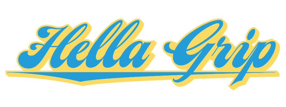 The image showcases the Hella Grip Logo Scooter Sticker by Hella Grip, featuring "Hella Grip" in blue cursive lettering with a yellow outline on a white background, accented with a swoosh underline for extra flair.