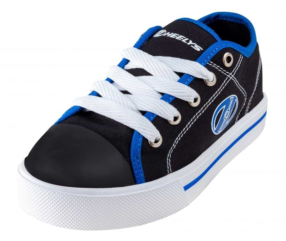 The Heelys Classic X2 Boys Shoes in black, white, and blue feature white laces, a white sole, the Heelys logo on the side, “HEELYS” on the tongue, and 2 wheels for extra rolling fun.