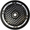 A detailed view of the Root Industries Honeycore 110mm Stunt Scooter Wheel in black highlights its unique honeycomb design, with white text around the edges enhancing its sleek and stylish look.