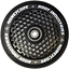 A detailed view of the black wheel from the Root Industries Honeycore 120mm Stunt Scooter, showcasing its unique honeycomb design and prominently displaying "Root Industries Honeycore" along the edge. This wheel, paired with top-tier Root bearings, is designed for smooth rides and exceptional durability.