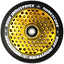 The Root Industries Honeycore 110mm Stunt Scooter Wheel - Black / Gold boasts a bold black outer rim coupled with an eye-catching gold honeycomb design at its core. The phrase "ROOT INDUSTRIES HONEYCORE" is stylishly inscribed around the edge, enhancing the look of any scooter.