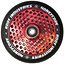 A detailed shot of the Root Industries Honeycore 110mm Stunt Scooter Wheel in Black/Red highlights its premium honeycomb cut-out design. This wheel features a metal core with hexagonal cutouts and displays the Root Industries branding around its outer black rubber tire, suggesting the superior quality of the Root bearings enclosed within.
