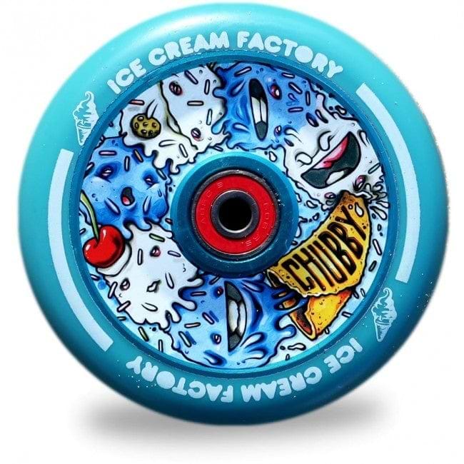 Introducing the Chubby 110mm Hollowcore Stunt Scooter Wheel - Ice Cream, a vibrant wheel with an ice cream theme showcasing artwork of a melting cone, sprinkles, and cherries. The blue rim proudly displays the words "Ice Cream Factory" and "Chubby," making it an ideal lightweight choice for stunt scooter enthusiasts.