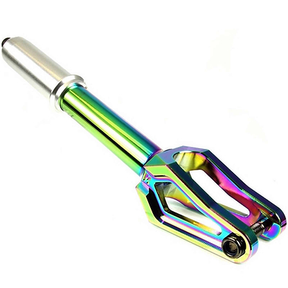A close-up of the Root Industries AIR IHC Stunt Scooter Forks in Rocket Fuel Neochrome, displaying a shiny, iridescent finish with vibrant hues of green, blue, and purple. The cylindrical shape at the top provides easy attachment, while the bottom features two prongs secured by a bolt—ideal for lightweight scooter components.