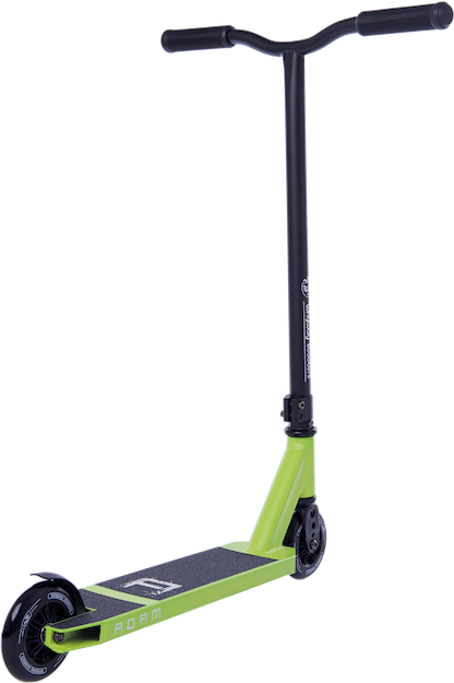 The Longway Adam Complete Stunt Scooter - Green is a beginner-friendly scooter featuring a T-shaped handlebar. It comes in green and black, with a lightweight deck that offers a grip surface for stability. The scooter is equipped with two wheels: one at the front and one at the back. The name "Adam" is prominently displayed on the deck.