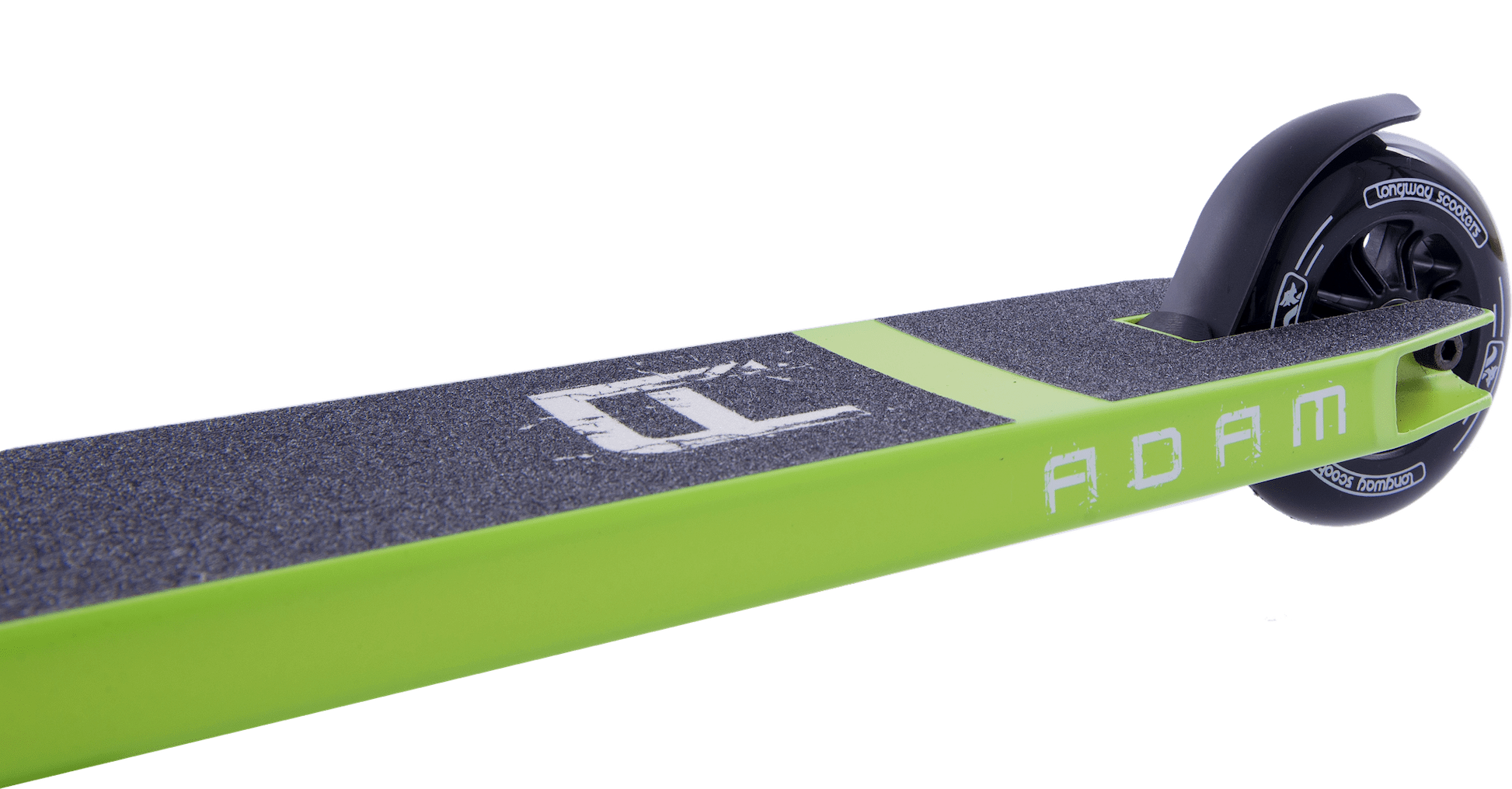 The Longway Adam Complete Stunt Scooter - Green, from Longway, features a striking lime green deck with "ADAM" prominently displayed in white. This lightweight and beginner-friendly scooter is equipped with black grip tape on top and a single black wheel bearing white lettering. A low-angle shot captures the sleek rear design of the scooter beautifully.
