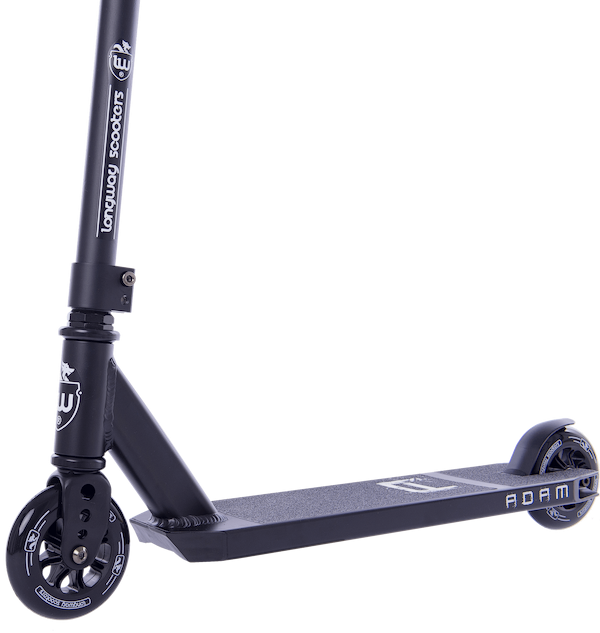 The Longway Adam Complete Stunt Scooter - Black is a kick scooter characterized by its sleek black design, glossy wheels, and white branding on both the handlebar and deck. The word "ADAM" is prominently displayed in white on the side. Its lightweight construction and minimalist style make it an ideal choice for beginners looking to start their scooting journey.