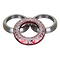The Infinity Mayan Integrated Stunt Scooter Headset in Red by Infinity features a red and silver circular infinity ring with intricate patterns, partially overlapping two gray metallic rings. This design highlights the precision of CNC milling. Furthermore, the inclusion of sealed bearings ensures smooth motion and durability, making it perfect for a stunt scooter headset.