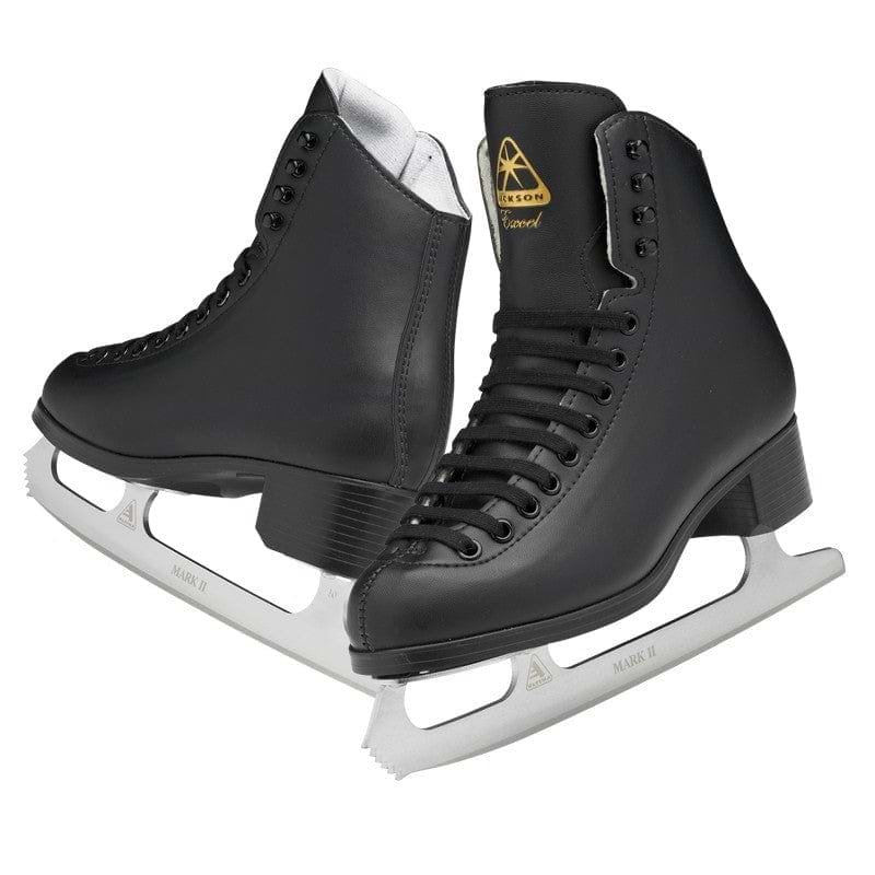 The Jackson Mystique 1592 Figure Ice Skates - Black, from the Jackson brand, feature a comfortable design highlighted by black styling and chrome steel blades. Their intricate lacing and modest heel are beautifully set against a white backdrop.