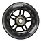 Close-up of the JD Bug Original Street 100mm Scooter Wheels in black, showcasing the sleek design featuring ABEC 5 bearings. The wheel exhibits a series of small cutouts around the hub, and its slightly translucent outer layer offers a glimpse into the detailed inner structure.