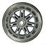 A close-up view of a single JD Bug Original Street 100mm Scooter Wheel in clear, featuring a metal bearing hub and a transparent outer rim. This wheel includes ABEC 5 bearings and is designed with angular spokes extending from the center to the edge.