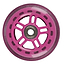 The JD Bug Original Street 100mm Scooter Wheel in pink is captured in close-up, highlighting its ABEC 5 metallic bearing at the center and a design of dark accents around the rim, set against a plain white background.