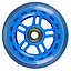 Close-up of the JD Bug Original Street 100mm Scooter Wheel in Reflex Blue, highlighting its ABEC 5 bearings at the center. The wheel features a translucent rubber outer layer and a hub with a sleek spoke design.
