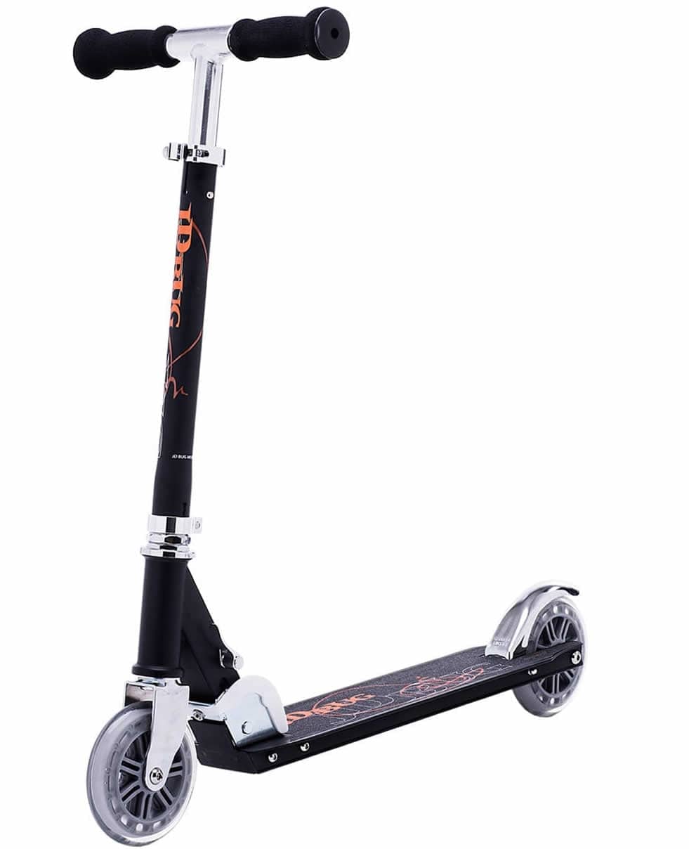 The JD Bug Classic Street 120 Kids Foldable Kick Scooter in Matt Black features a lightweight design with two clear wheels, orange graphics on the deck, and an adjustable T-shaped handlebar with black grips.