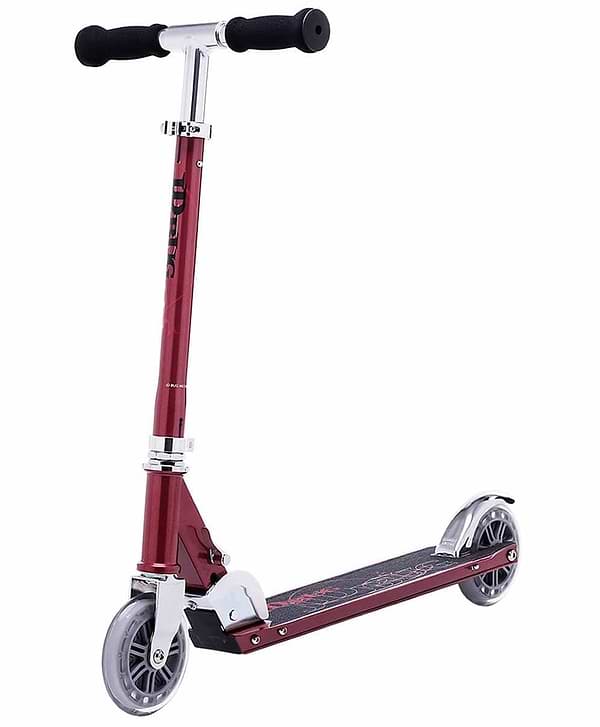 The JD Bug Classic Street 120 Kids Foldable Kick Scooter - Red Glow Pearl by JD Bug is a stylish red delight with black foam handles, two wheels, and a textured deck for grip. Its lightweight and foldable design ensures easy transport.