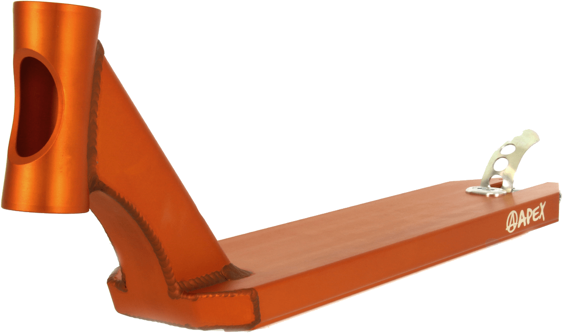 The Apex Pro Orange Stunt Scooter Deck, measuring 4.5" x 20.1", features a lightweight design with a cutout headtube and sturdy welded joins. It includes a silver brake and prominently displays the "APEX" brand logo in white near the rear, making it an eye-catching choice for any Apex Pro Stunt Scooter collection.