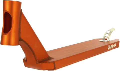 The Apex Pro Orange Stunt Scooter Deck, measuring 4.5" x 20.1", features a lightweight design with a cutout headtube and sturdy welded joins. It includes a silver brake and prominently displays the "APEX" brand logo in white near the rear, making it an eye-catching choice for any Apex Pro Stunt Scooter collection.