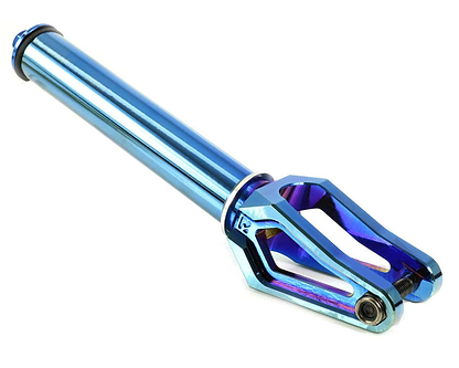 Close-up of the sleek and shiny Root Industries AIR SCS/HIC Stunt Scooter Forks in Blu-Ray, showcasing a lightweight design with a cylindrical steering tube and a hollow, open-ended head for wheel attachment. The surface features an iridescent finish.