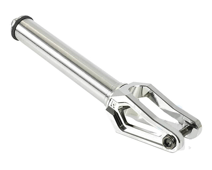 The Root Industries AIR SCS/HIC Stunt Scooter Forks in Polished Chrome is displayed against a plain white background. This silver, lightweight scooter fork highlights a cylindrical stem and forked end for wheel installation, emphasizing its metallic sheen and precise engineering details.