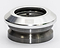 Close-up of the Logic Integrated Stunt Scooter Headset in silver, a metallic mechanical component with a smooth, shiny surface and a hollow center. This circular piece is set against a plain white background, highlighting its precision design.