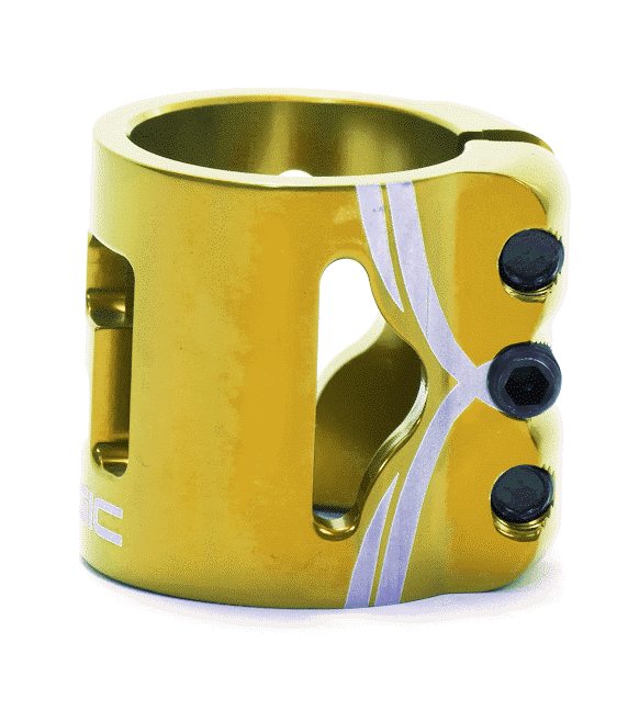 A close-up image of the Logic 3 Bolt Oversized Stunt Scooter Clamp in gold, showcasing its two black bolts and a silver decorative stripe. Designed with cut-out sections and excellent clamping power, it's ideal for lightweight HIC setups.
