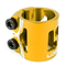 The Logic 3 Bolt Oversized Stunt Scooter Clamp in gold provides excellent clamping power with its contrasting black bolts, and the white diagonal line designs enhance its sleek appearance. Ideal for lightweight HIC setups, it combines functionality with style.