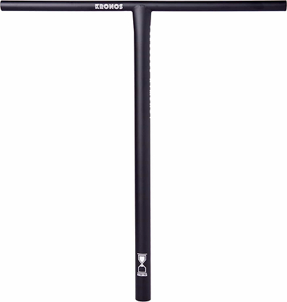 Introducing the Longway Kronos Titanium Oversized HIC Stunt Scooter T-Bars in black, measuring 650mm by 610mm. These handlebars feature the Longway brand name prominently at the top and are adorned with an hourglass logo near the base. Designed to be lightweight yet robust, these custom scooter handlebars elegantly blend minimalist aesthetics with exceptional strength.