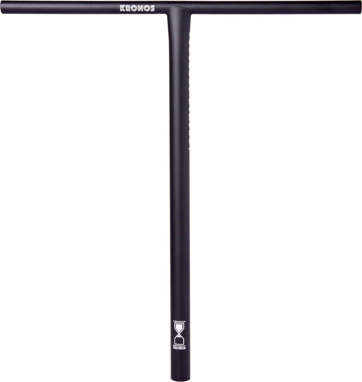 The Longway Kronos Titanium Oversized HIC Stunt Scooter T-Bars in black, measuring 700mm x 610mm, are lightweight with a sleek T-shape. They prominently feature Longway branding at the top and an hourglass logo near the base, offering both durability and style for your custom scooter handlebar needs.