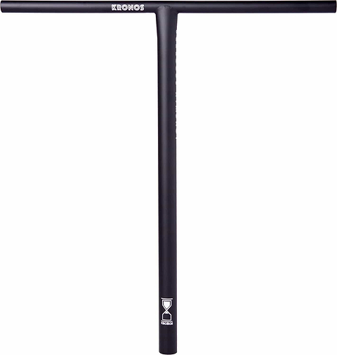 The Longway Kronos Titanium Oversized HIC Stunt Scooter T-Bars in black, measuring 700mm x 610mm, are lightweight with a sleek T-shape. They prominently feature Longway branding at the top and an hourglass logo near the base, offering both durability and style for your custom scooter handlebar needs.
