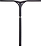 This Lucky AirBar™ is a black aluminum scooter handlebar in a T-shape, equipped with a textured grip. It features a small white label with text at the center. Designed as aerodynamic and lightweight, the oversized SCS stunt scooter bar includes a central stem and two horizontal bars for steering, all finished in sleek matte black. Dimensions are 660mm x 610mm.