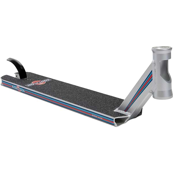 This Lucky Cody Flom Signature V3 Stunt Scooter Deck, measuring 4.8" x 20.5", is perfect for scootering enthusiasts. It features a sleek silver design with black grip tape and striking red and blue side stripes. The neck is angled upward and includes a visible rear brake, making it ideal for riding and performing tricks.