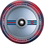 A detailed view of the Lucky Lunar 110mm Stunt Scooter Wheel - Cody Flom Signature V3 highlights its vibrant red and blue design. The center features the "Cody Flom" logo surrounded by "JOHN 16:33," "LUCKY," and "PREMIUM BRAND," all enhanced by Lucky Rebound Technology for improved riding performance.