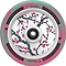 Presenting the Lucky Lunar 110mm Stunt Scooter Wheel - Darcy Cherry Evans Signature V3, adorned with cherry blossom artwork on the rim. The pastel green and pink background beautifully complements scooter builds, while various texts provide brand and size details. Experience a smooth ride with Lucky Rebound Technology™.