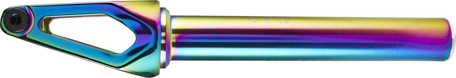 A detailed image showcases the Lucky Huracan V2 IHC Stunt Scooter Fork in its neochrome finish, with a cut-out design on one side. Compatible with 120mm wheels, the fork's vibrant neochrome colors transition from gold to blue, presenting a sleek and modern look ideal for any pro scooter enthusiast.