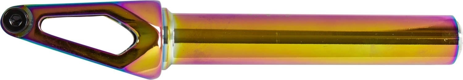 The Lucky Huracan V2 SCS/HIC Stunt Scooter Fork by Lucky boasts a neochrome finish with a sleek cylindrical design and an angular cutout to reduce weight. It supports 120mm pro scooter wheels and transitions color from gold to purple for a vibrant, modern look.