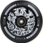 The Lucky Lunar 110mm Stunt Scooter Wheel in Axis Black features complex white abstract designs. The words "Lunar," "Lucky Rebound Technology," and "One Hundred Ten Millimeters" are gracefully printed around the rim, making it an eye-catching component for high-end scooter constructions.