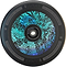 A close-up of the Lucky Lunar 110mm Stunt Scooter Wheel - Tattoo highlights its black rim, adorned with a vibrant dragon design in blue and teal on the hub. The rim features the text "Lunar," "One Hundred Ten Millimeters," and "Premium Brand Est. 2009," and incorporates Lucky Rebound Technology™ for smoother rides.