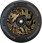 Introducing the Lucky Lunar 110mm Stunt Scooter Wheel - Tag, a sleek black wheel featuring an intricate gold graffiti-style design on its hub. With abstract shapes and patterns, along with "Lunar" and "110 millimeters" proudly displayed, this 110mm scooter wheel from Lucky utilizes Lucky Rebound Technology for a smooth ride.
