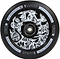 Close-up of a black wheel featuring intricate white abstract patterns on the hub, ideal for scooter builds. The words "Lucky Lunar" and "110 millimeters" are prominent, showcasing the advanced rebound technology of the Lucky Lunar 110mm Stunt Scooter Wheel by Lucky.