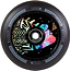Introducing the Lucky Lunar 110mm Stunt Scooter Wheel - Evo, a vibrant scooter wheel adorned with an abstract geometric design and a face illustration at its core. The black outer ring features white and blue text and branding, making it the ideal choice for adding style to your scooter builds.