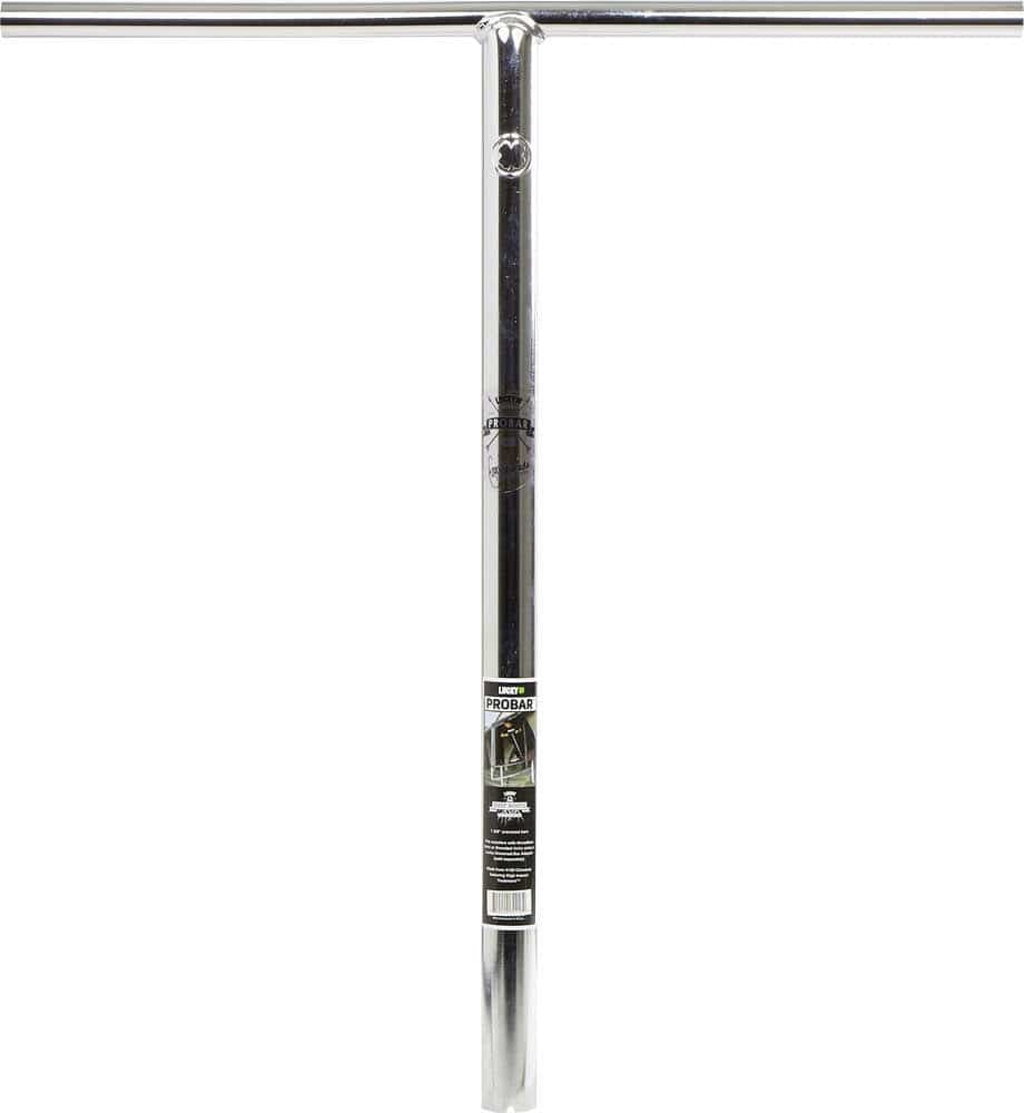A metal T-shaped scooter handlebar with a shiny chrome finish, crafted in the esteemed Lucky ProBar design. The 660mm x 660mm Steel Oversized SCS Stunt Scooter T-Bars from Lucky come with a product label showcasing text and logos near the center, offering both style and functionality.